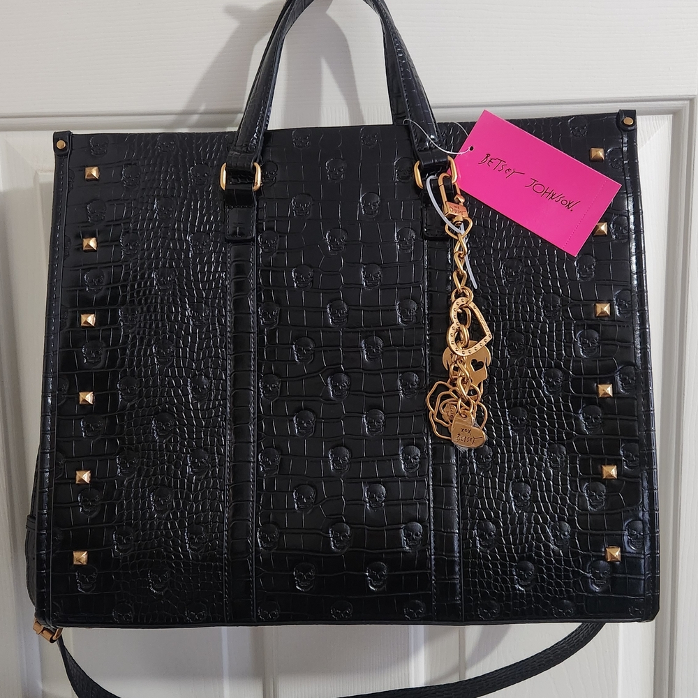 Betsey Johnson Black Croc Embossed Skull Satchel with Gold Studs NWT